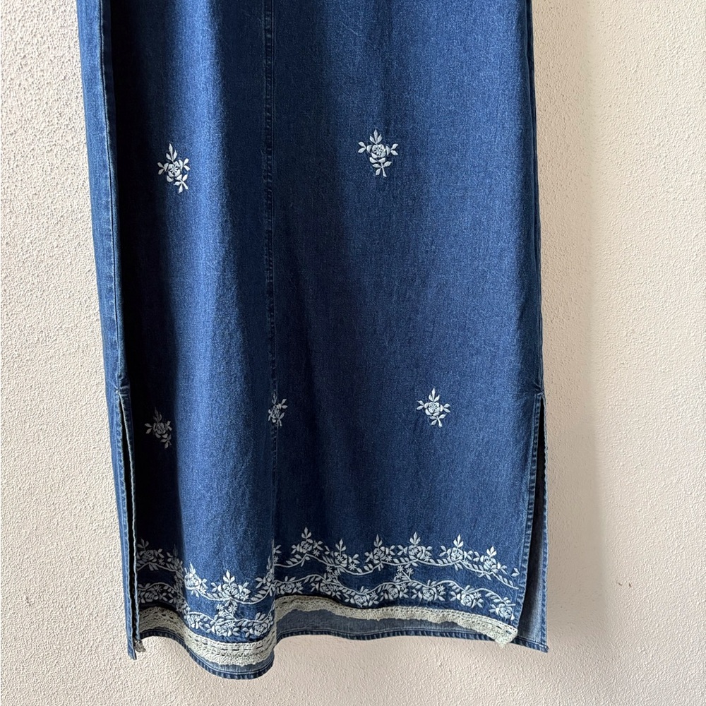 Denim Embroidered Floral Dress Size XL Cotton Sleeveless Western Cowgirl Crochet - Picture 6 of 12
